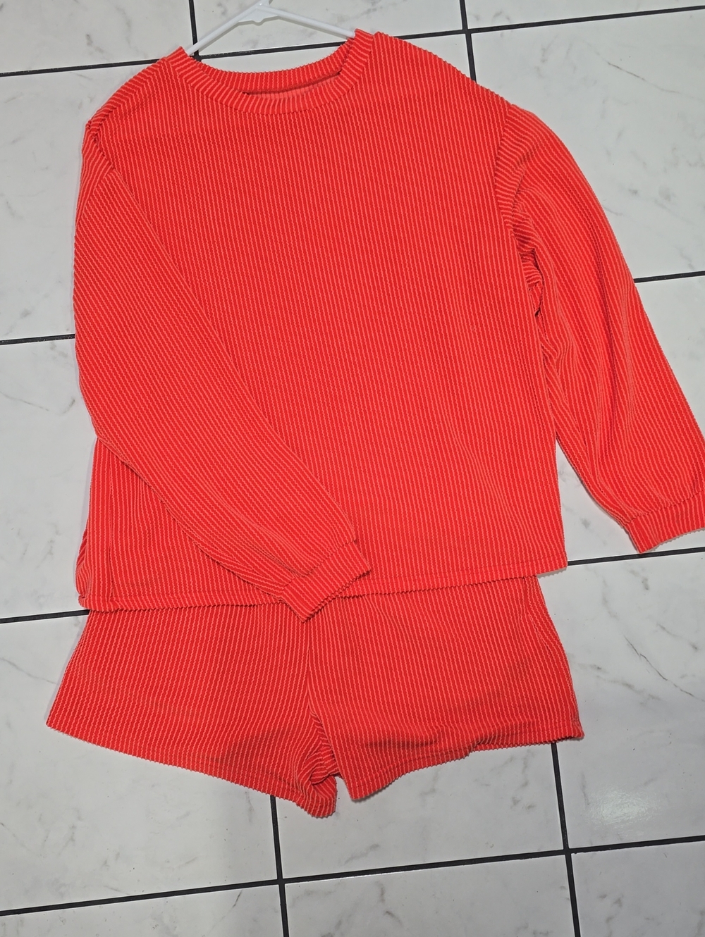 Ribbed Long-Sleeve Lounge Top & Shorts Set - Coral
